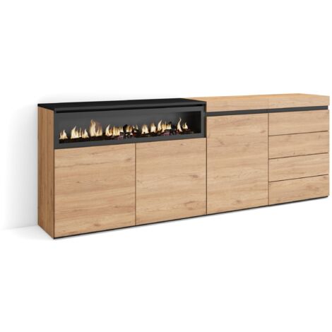 Skraut Home – Buffet moderne en chêne – 207x75x35cm – Meuble de rangement avec cheminée électrique intégrée – Commode 4 tiroirs (1/5)
