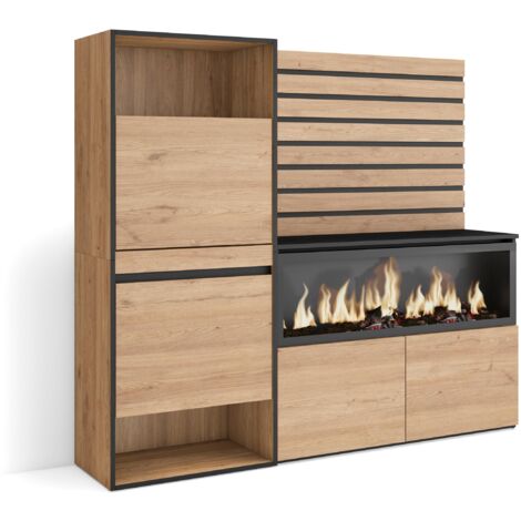 Skraut Home – Buffet moderne en chêne – Meuble de rangement 167x35x145cm – 2 portes abattantes – Capacité 10 paires de chaussures – Cheminée électrique XXL (1/5)