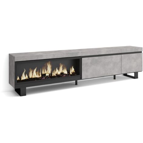 Skraut Home - Meuble TV, Banc Télé, Grand espace de Rangement, 237x57x35 cm, TV grand format, Cheminée électrique XXL, Design industriel, Style moderne, Gris Ciment (1/5)