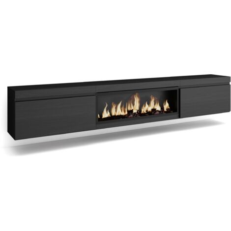 Skraut Home – Meuble TV suspendu noir avec cheminée électrique LED – Grand espace de rangement 267x35x45cm – Style moderne – Pour TV grand format