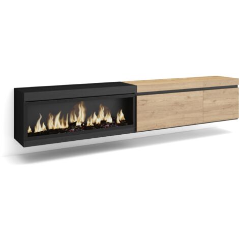Skraut Home - Meuble TV, Banc Télé, Grand espace de Rangement, 237x45x35 cm, TV grand format, Cheminée électrique XXL, Suspendu, Mural, Style moderne, Chêne et noir (1/5)