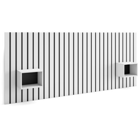 Skraut Home – Tête de lit moderne 258x107cm – Panneaux à lattes en bois – Avec tables de chevet flottantes – Couleur blanc et noir (1/5)