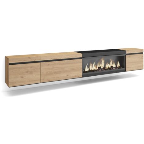 Skraut Home - Meuble TV, Banc Télé, Grand espace de Rangement, 288x45x35 cm, TV grand format, Cheminée électrique XXL, Suspendu, Mural, Style moderne, Chêne et noir (1/5)