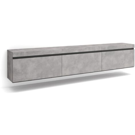 Skraut Home – Meuble TV suspendu moderne – Grand espace de rangement 240x45x35 cm – Couleur ciment mat et noir – Design épuré pour intérieur élégant (1/5)
