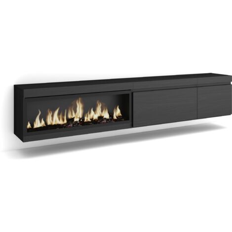 Skraut Home - Meuble TV, Banc Télé, Grand espace de Rangement, 237x45x35 cm, TV grand format, Cheminée électrique XXL, Suspendu, Mural, Style moderne, Noir (1/5)