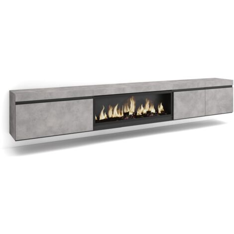 Skraut Home – Meuble TV suspendu mural avec cheminée électrique XXL – Grand espace de rangement 288x45x35 cm – Style moderne gris ciment (1/5)