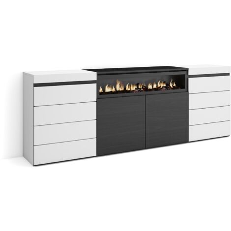 Skraut Home – Commode moderne 214x75x35 cm – Meuble de rangement avec cheminée électrique LED – Design contemporain pour chambre à coucher – Blanc et noir (1/5)