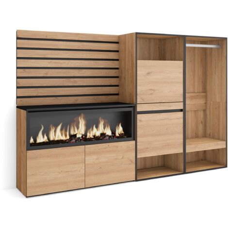 Skraut Home – Buffet moderne en chêne – Meuble de rangement 227x35x145cm – Armoire ouverte avec étagères – Meuble à chaussures 2 compartiments
