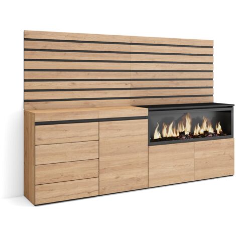 Skraut Home – Buffet moderne en chêne – 214x145x35cm – Cheminée électrique XXL intégrée – Commode avec 4 tiroirs – Grand espace de rangement (1/5)