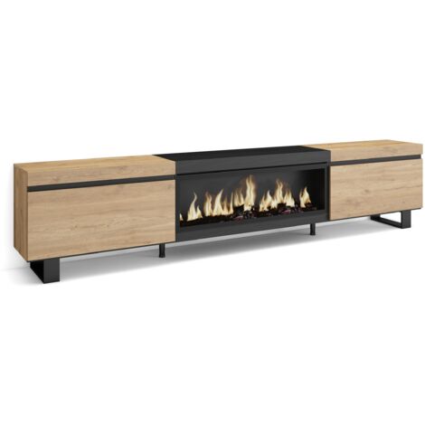Skraut Home - Meuble TV, Banc Télé, Grand espace de Rangement, 267x57x35 cm, TV grand format, Cheminée électrique XXL, Design industriel, Style moderne, Chêne et noir (1/5)