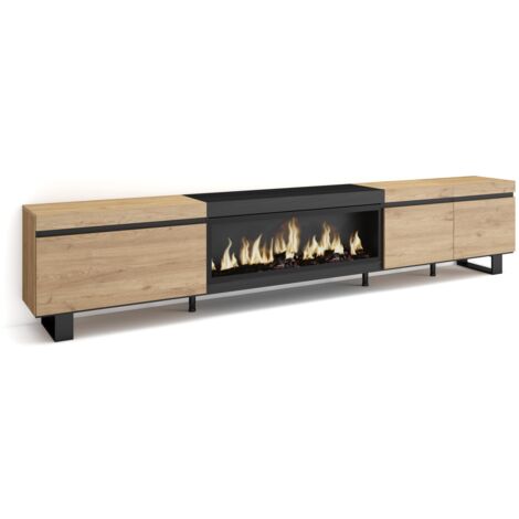 Skraut Home - Meuble TV, Banc Télé, Grand espace de Rangement, 288x57x35 cm, TV grand format, Cheminée électrique XXL, Design industriel, Style moderne, Chêne et noir (1/5)