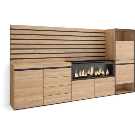 Skraut Home – Buffet moderne en chêne – 274x35x145cm – Meuble de rangement avec cheminée électrique XXL – Commode et meuble à chaussures intégrés (1/5)