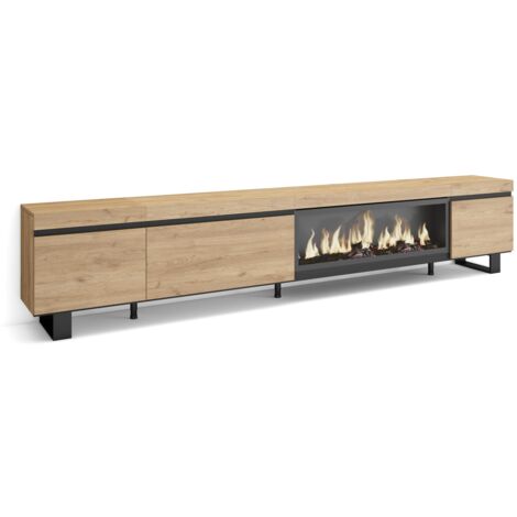 Skraut Home – Meuble TV avec cheminée électrique XXL – Dimensions 288x57x35 cm – Style industriel en chêne – Grand espace de rangement (1/5)