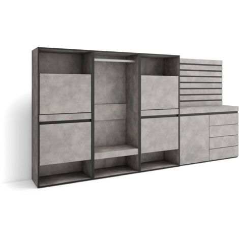 Skraut Home - Meuble à Chaussures, Meuble Rangement Chaussures, 287x145x35 cm, Chambre à coucher, pièce, Vestiaire ouvert, Commode, Buffet, Panneaux Muraux en Bois, Style moderne, Gris Ciment (1/5)