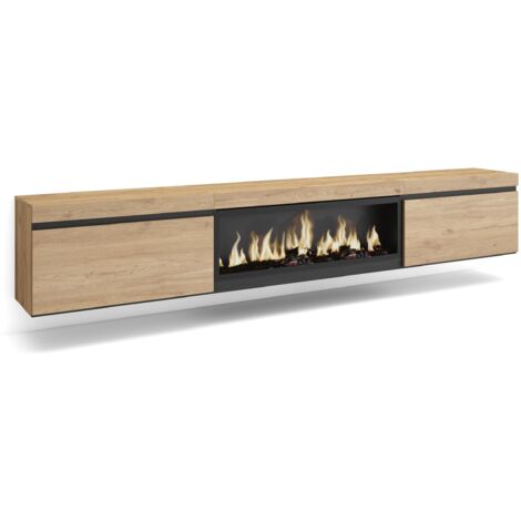 Skraut Home – Meuble TV suspendu mural en chêne – Grand espace de rangement 267x45x35 cm – Cheminée électrique LED 107 cm – Style moderne