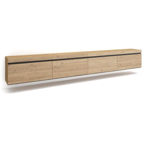 Skraut Home – Meuble TV suspendu mural – Grand espace de rangement – Dimensions 320x35x45cm – Style moderne en chêne (1/5)