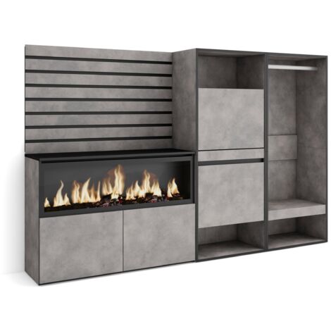 Skraut Home – Buffet moderne 60x35x145cm – Meuble de rangement avec 2 portes abattantes – Couleur ciment et noir – Armoire ouverte avec étagères (1/5)