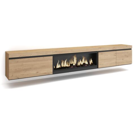 Skraut Home – Meuble TV mural avec cheminée électrique XXL – Grand espace de rangement 288x45x35 cm – Style moderne en chêne – Pour TV grand format (1/5)