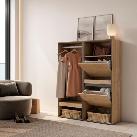 Skraut Home - Armoire Vestiaire ouvert, Armoire de Rangement Ouverte, 120x145x35 cm, Chambre à coucher, pièce, Meuble à Chaussures, Style moderne, Chêne