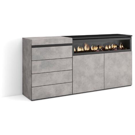 Skraut Home – Commode moderne 4 tiroirs 157x75x35 cm – Couleur ciment et noir – Ouverture à pression – Meuble de rangement élégant (1/5)