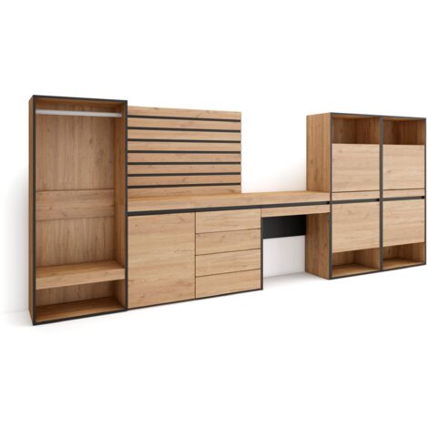 Skraut Home - Meuble à Chaussures, Meuble Rangement Chaussures, 357x145x35 cm, Chambre à coucher, pièce, Vestiaire ouvert, Commode, Buffet, Panneaux Muraux en Bois, Coiffeuse, Style moderne, Chêne