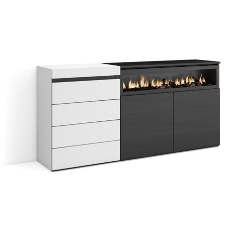 Skraut Home – Commode moderne avec 4 tiroirs – Dimensions 157x75x35 cm – Finition blanc et noir – Cheminée électrique LED intégrée (1/5)