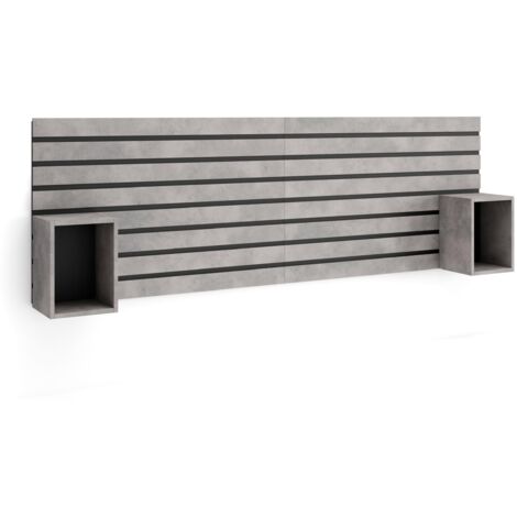 Skraut Home – Tête de lit moderne 214x70cm – Panneaux muraux 3D en bois – Tables de chevet flottantes ciment et noir – Pour matelas 120 à 160cm