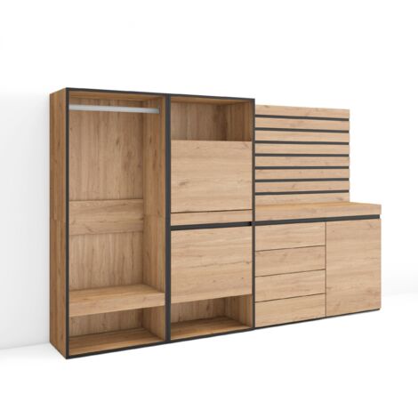 Skraut Home – Meuble à chaussures 60x35x145cm – 2 compartiments avec portes abattantes – Mélamine chêne et noir – Style moderne, rangement pratique
