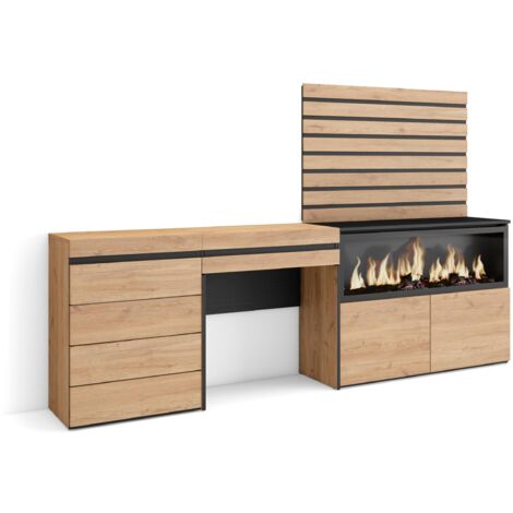 Skraut Home - Coiffeuse, Table maquillage, rangement, 234x145x35 cm, Avec tiroir, Cheminée électrique XXL, Commode, Buffet, Panneaux Muraux en Bois, Style moderne, Chêne