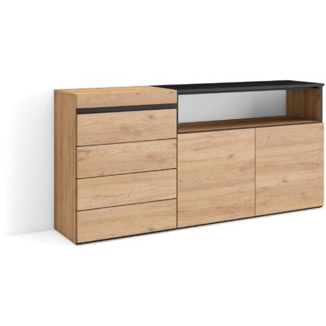 Skraut Home – Commode enfant chêne et noir – 4 tiroirs – Dimensions 56,7 x 33 x 75 cm – Ouverture à pression – Module de rangement moderne (1/5)