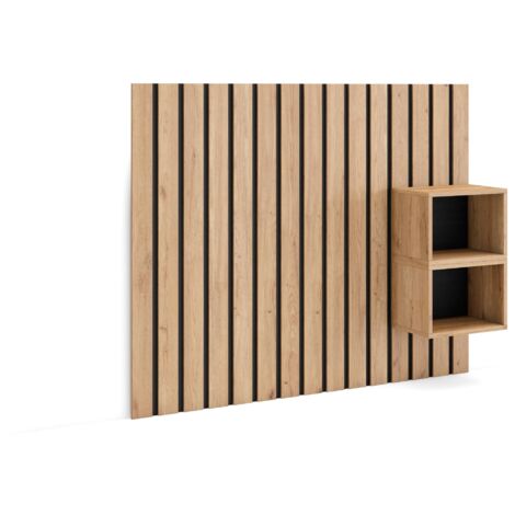 Skraut Home – Tête de lit moderne 133x107cm en chêne – Panneaux muraux 3D – Avec tables de chevet flottantes – Dimensions tables 25x22,4x34cm (1/5)