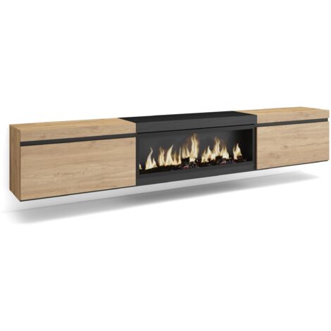Skraut Home – Meuble TV suspendu mural avec cheminée électrique XXL – Chêne et noir – Grand rangement 267x45x35 cm – Style moderne (1/5)
