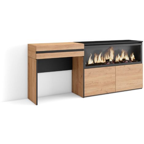 Skraut Home - Coiffeuse, Table maquillage, rangement, 177x75x35 cm, Avec tiroir, Cheminée électrique XXL, Style moderne, Chêne (1/5)