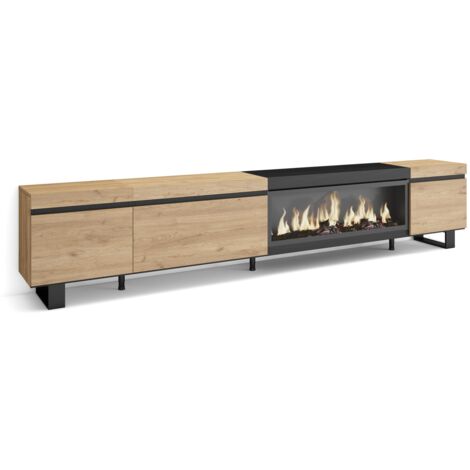 Skraut Home - Meuble TV, Banc Télé, Grand espace de Rangement, 288x57x35 cm, TV grand format, Cheminée électrique XXL, Design industriel, Style moderne, Chêne et noir (1/5)