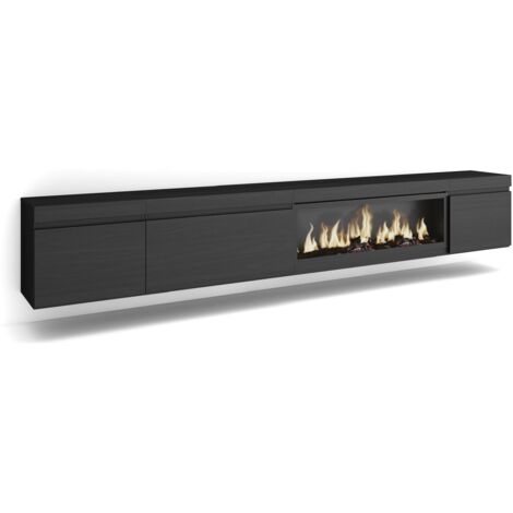 Skraut Home - Meuble TV, Banc Télé, Grand espace de Rangement, 288x45x35 cm, TV grand format, Cheminée électrique XXL, Suspendu, Mural, Style moderne, Noir (1/5)