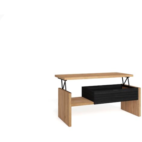 Skraut Home – Table basse relevable 110x50x45 cm – Finition chêne et noir – Glissières métalliques pour levage facile – Meuble moderne pour salon