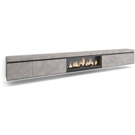 Skraut Home - Meuble TV, Banc Télé, Grand espace de Rangement, 368x45x35, Cheminée électrique XXL, Suspendu, Mural, Style moderne, Gris Ciment (1/5)