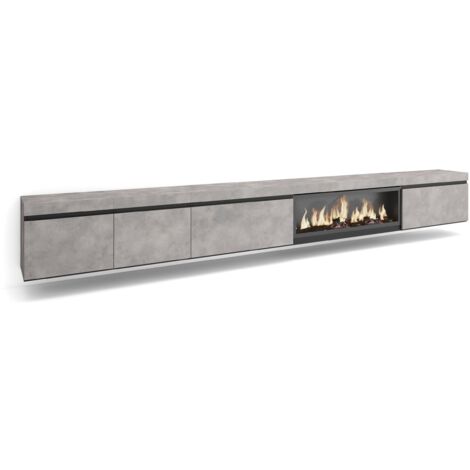 Skraut Home - Meuble TV, Banc Télé, Grand espace de Rangement, 368x45x35, Cheminée électrique XXL, Suspendu, Mural, Style moderne, Gris Ciment (1/5)