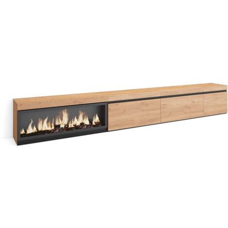 Skraut Home – Meuble TV avec cheminée électrique à LED – Grand rangement chêne noir – Dimensions 317x45x35 cm – Effet de feu 3D réaliste (1/5)