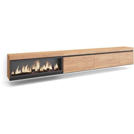 Skraut Home - Meuble TV, Banc Télé, Grand espace de Rangement, 317x45x35 cm, Cheminée électrique XXL, Suspendu, Mural, Style moderne, Chêne (1/5)