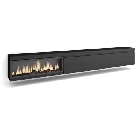 Skraut Home – Meuble TV suspendu noir avec cheminée électrique XXL – Grand espace de rangement – Dimensions 317x45x35 cm – Style moderne (1/5)