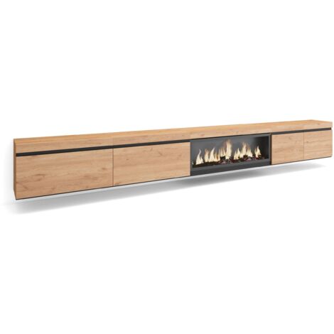 Skraut Home - Meuble TV, Banc Télé, Grand espace de Rangement, 368x45x35, Cheminée électrique XXL, Suspendu, Mural, Style moderne, Chêne (1/5)