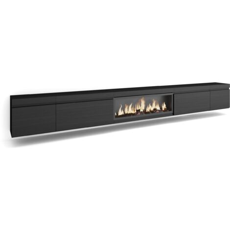 Skraut Home – Meuble TV suspendu noir avec cheminée électrique LED – Grand espace de rangement 368x35x45cm – Style moderne et veinage bois (1/5)
