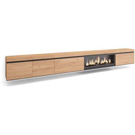 Skraut Home - Meuble TV, Banc Télé, Grand espace de Rangement, 368x45x35, Cheminée électrique XXL, Suspendu, Mural, Style moderne, Chêne (1/5)