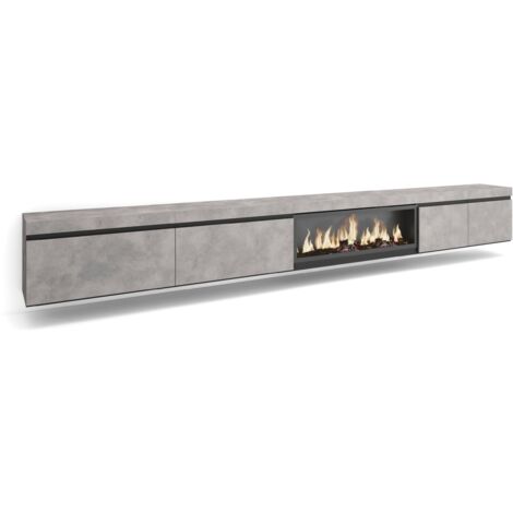 Skraut Home - Meuble TV, Banc Télé, Grand espace de Rangement, 368x45x35, Cheminée électrique XXL, Suspendu, Mural, Style moderne, Gris Ciment (1/5)