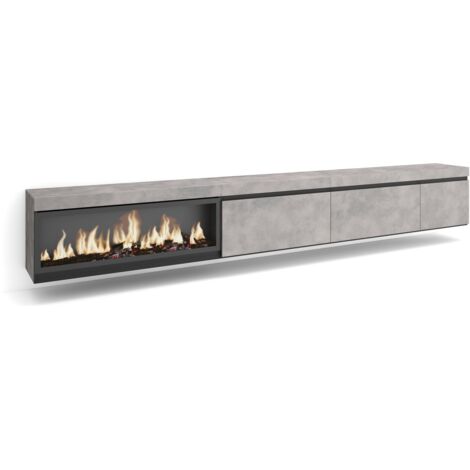 Skraut Home - Meuble TV, Banc Télé, Grand espace de Rangement, 317x45x35 cm, Cheminée électrique XXL, Suspendu, Mural, Style moderne, Gris Ciment (1/5)