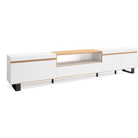Skraut Home - Meuble TV, Banc Télé, Grand espace de Rangement, 288x35x57 cm, TV grand format, Design industriel, Style moderne, Blanc et Chêne Soft (1/5)