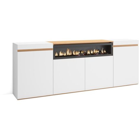 Skraut Home – Buffet moderne blanc et chêne clair – Meuble de rangement 200x75x35cm – 4 portes – Cheminée électrique LED 3D (1/5)