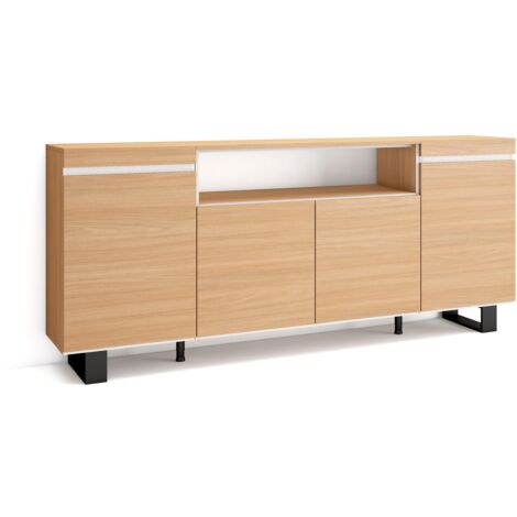 Skraut Home - Buffet salon et cuisine, Meuble de Rangement, Commode, 200x35x87cm, 4 Portes, Design industriel, Style moderne, Chêne soft et blanc (1/5)