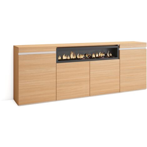 Skraut Home - Buffet salon et cuisine, Meuble de Rangement, Commode, 200x35x75cm, 4 Portes, Cheminée électrique, Style moderne, Chêne soft et blanc (1/5)